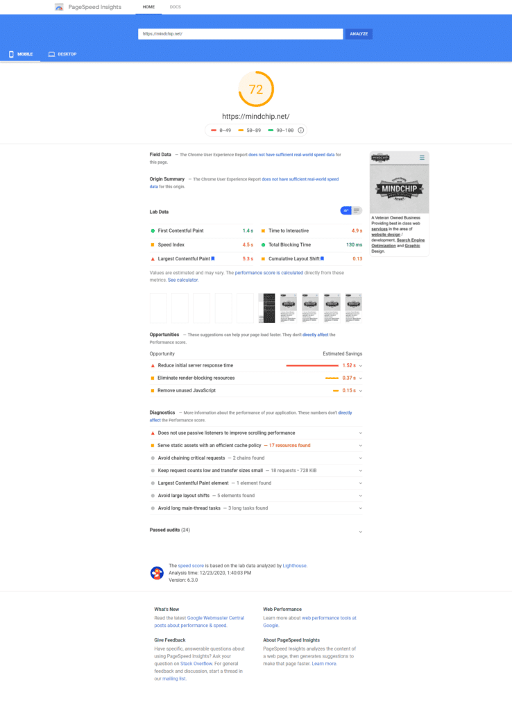 Google PageSpeed Results